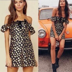 For Love & Lemons Lotti Ruffle Gold Dot Mini Dress Gold & Black
